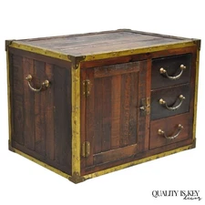 Habersham Wooden Plantation Campaign Trunk Style Side Coffee Table w/ Brass Trim