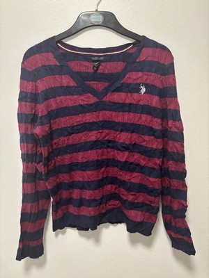US Polo Assn Women s Size XXL Burgandy Navy Striped V Neck Cable Knit Jumper