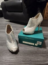 Silver Leather High Heel Booties With Rhinestones