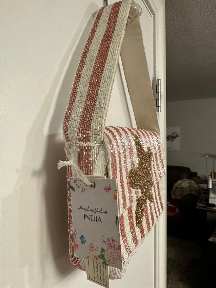 Bolso de mano Viral hecho a mano en la India rosa a rayas con cuentas estrellas de mar NUEVO CON ETIQUETAS Foto 3 de 3