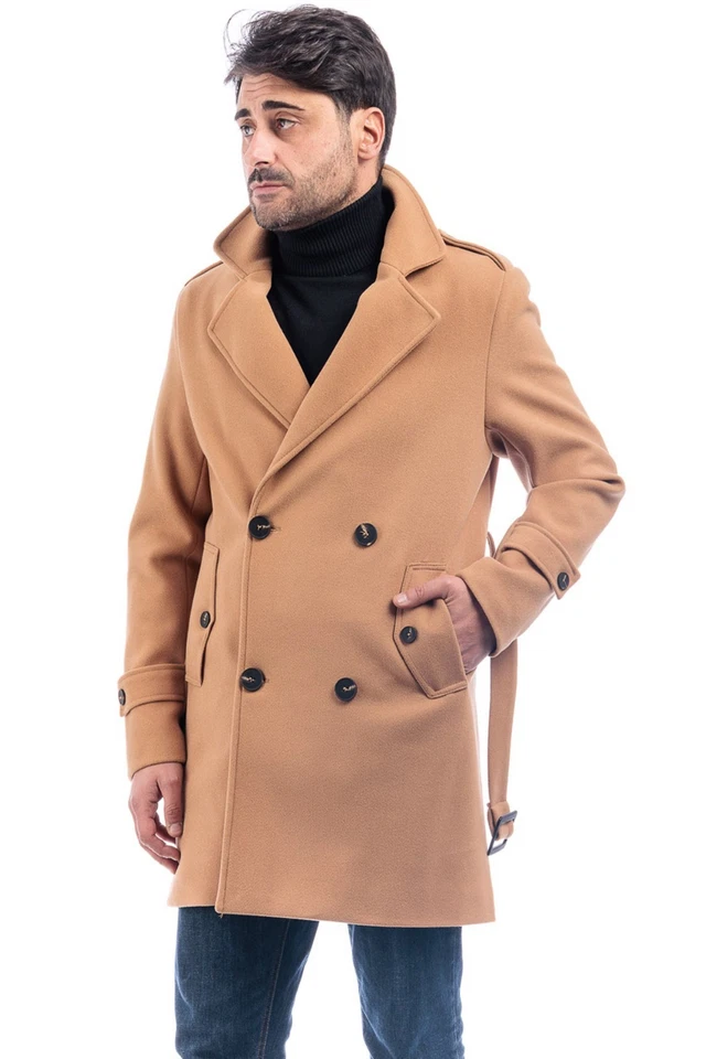 Cappotto Doppiopetto Uomo Trench Lungo Invernale Giubbotto Casual Giacca VEQUE - Immagine 3 di 4