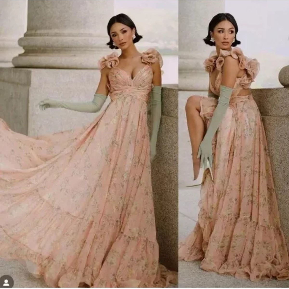 Mac Duggal Ruffle Tiered Floral Cut-Out Chiffon Gown Pink