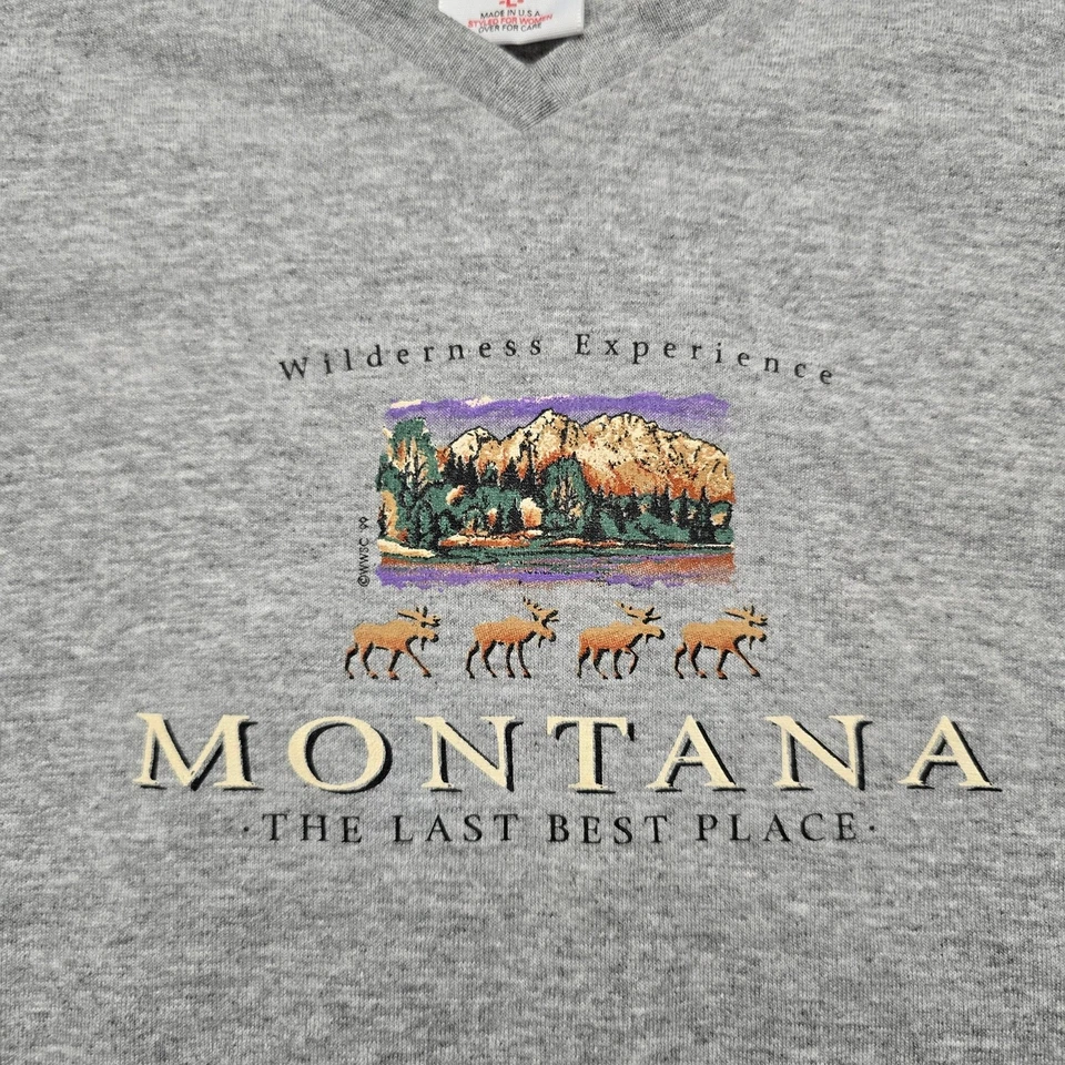 Camisa Montana De Colección Para Mujer Grande Gris Naturaleza Montaña Gráfico Cuello en V Camiseta Años 90 Foto 2 de 4