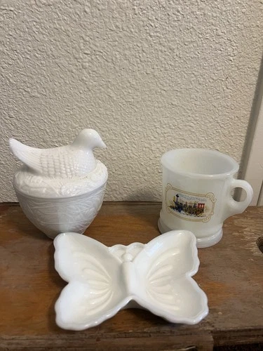 Lot Of 3 Pieces Of Vintage Avon White Milk Glass - Mug, Dish, Nest Bowl