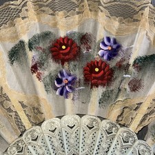 Vintage New Old Stock Spanish Hand Painted Hand Fan Folding Plastic Floral Lace