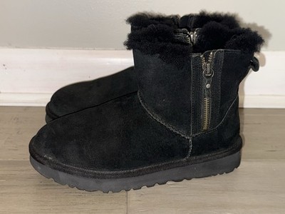 UGG Boots Women's 6 Classic Mini Double Zip Shearling Black Ankle Top SN 1018849
