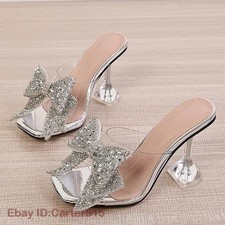 Women Transparent Slippers Crystal Bowknot High Heel Slides Summer Sandals Shoes