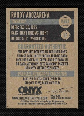 2021 AL新人賞のランディーアロサレーナRC AUです。 RANDY AROZARENA - 2021 Onyx Vintage Blue Ink ROOKIE ON CARD