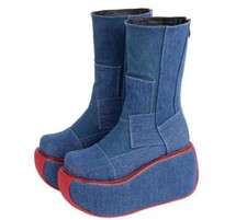 Womens Round Toe Patch Denim Mid Calf Boots Fashion Chunky High Heels Platform