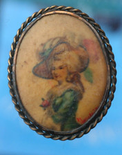 ANTIQUE ARTIST SIGNED PAINTED PORTRAIT PIN W/TROMBONE CLOSURE & UNIQUE CLIP RARE