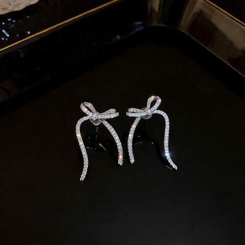 1Pair Light Luxury Full Rhinestone Bow Stud Earring Fashion Crystal Long Ear S^3 - Picture 1 of 7