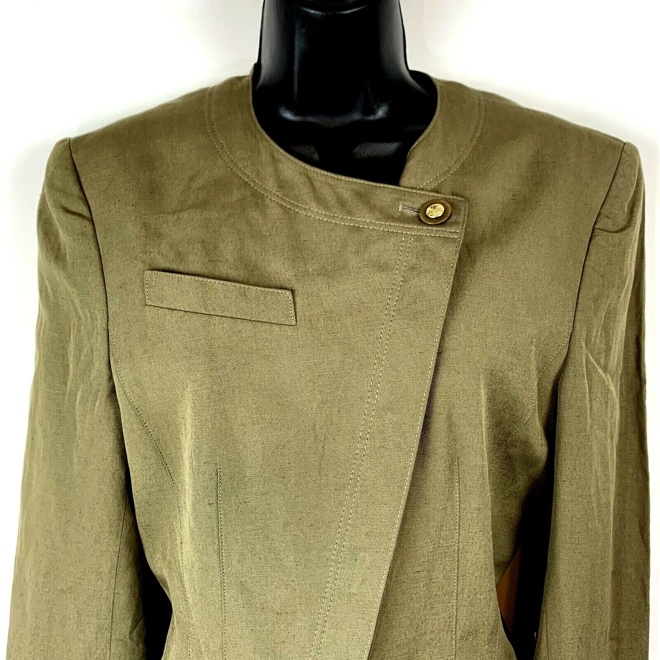 Louis Feraud винтажный ассиметричный куртка 4 оливковый военный шелк льняной Западной Германии - Изображение 4 из 4
