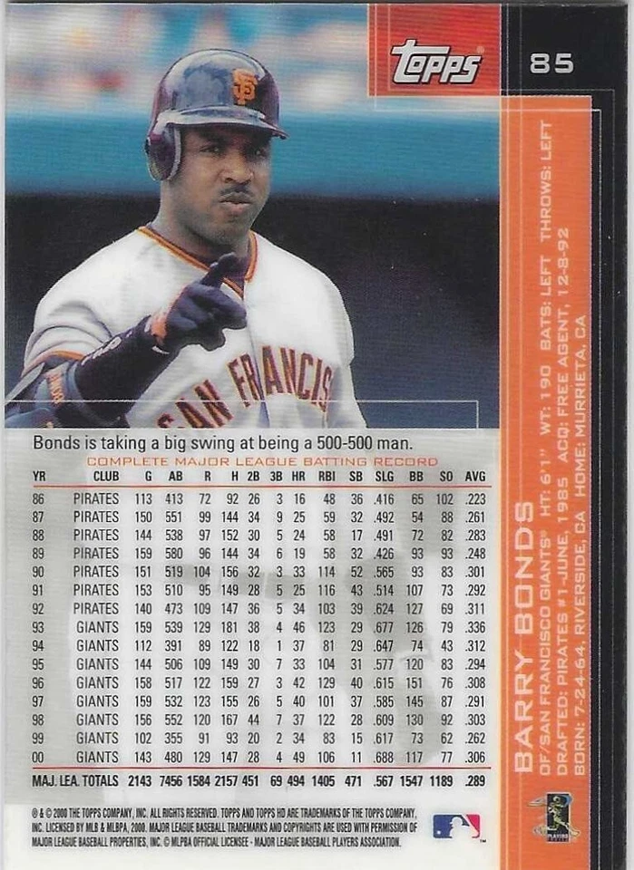 2001 Topps HD Baseball - Barry Bonds - #85 - Image 2 of 2