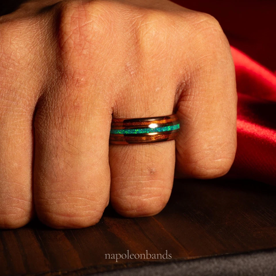 Anillo de madera de ópalo triturado y koa exótico, alianza de boda para hombre, ajuste cómodo Foto 2 de 4