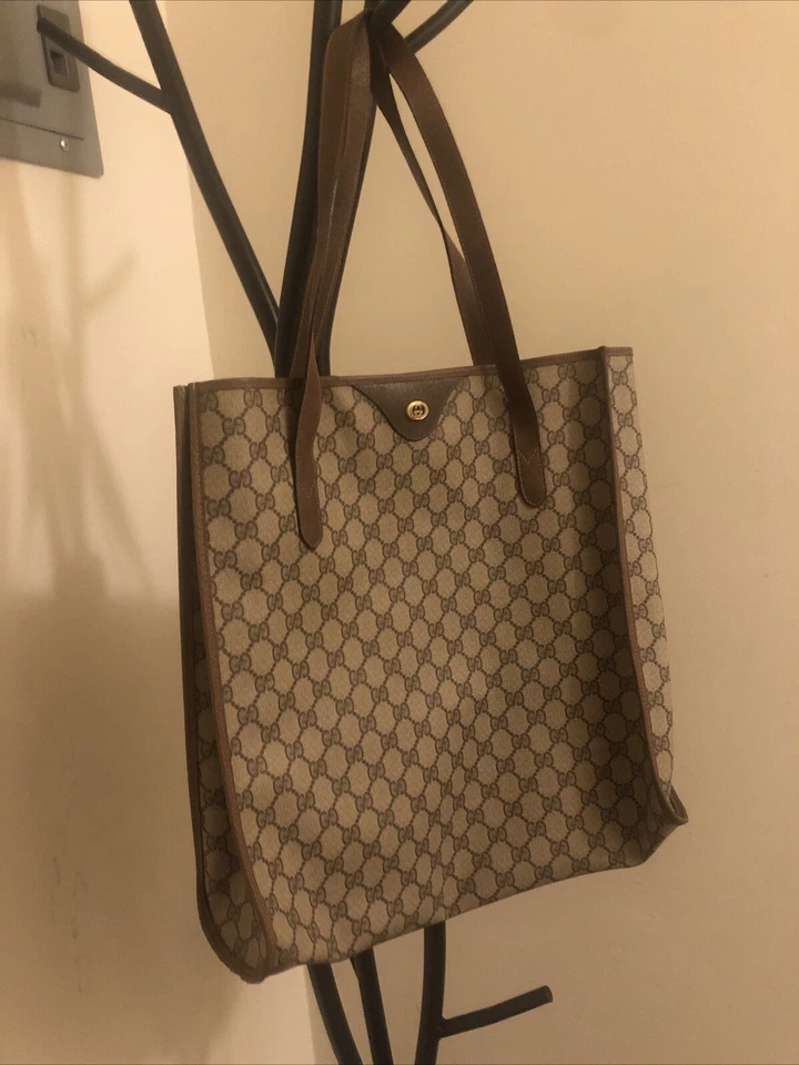 GUCCI Vintage Shoulder Tote Bag GG PVC Canvas Leather Brown Authentic form Japan - Image 2 of 4