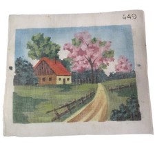 Painted Needlepoint Canvas Vtg Country Cottage 449 Gobelin 10 Mesh 16.5 x 13.5"