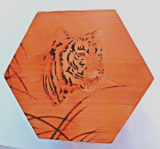Mid Century Tiger Art Jewelry Wood Box 8" Hexagon People's Republic Of China
