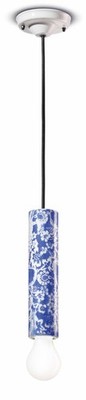 Hängelampe Pendelleuchte schmal Handbemalt Ø5,5cm Zylinder Keramik Weiß Blau E27