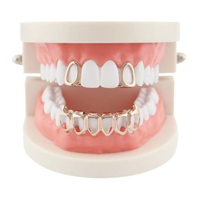 Hip Hop Grills Custom Fit 2 Single Top & 6 Bottom Set Hollow Fangs Teeth Grillz