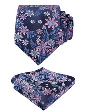 Mens 3.15'' Leaf Flower Pattern Tie with Floral Pocket Square Set Navy/Pink/W...
