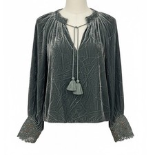 Ulla Johnson Velvet Tassel Blouse Green Long Sleeve Lace Cuff Boho Size 0