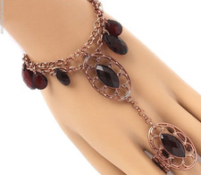 Pulsera gotita borgoña para mujer anillo adjunto enchapado en cobre cadena de mano esclava