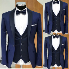 Navy Blue Men's Suit 3Pcs Shawl Lapel Business Wedding Tuxedo Jacket Slim Fit