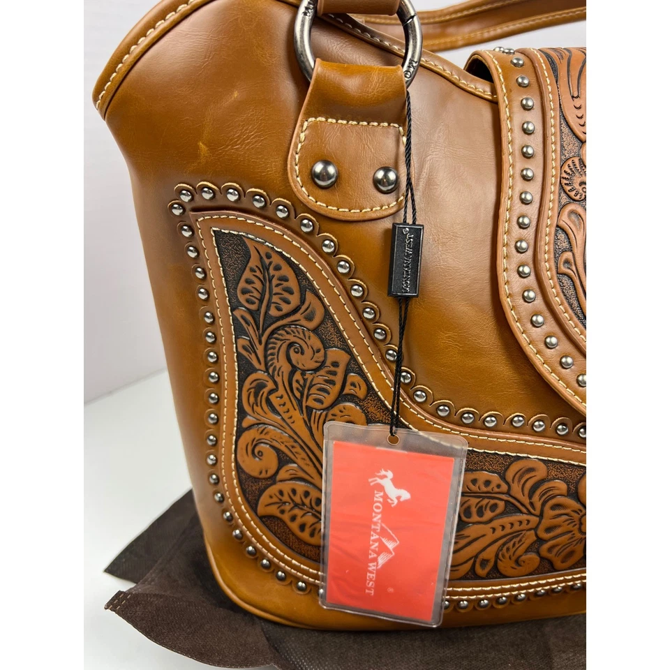 Montana West Studded Handbag Purse Brown Leather Concealed Carry w/Dust Bag NWT - Image 2 of 4