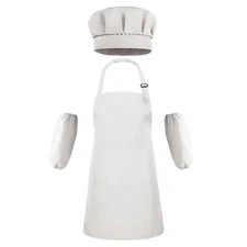 Kids Apron and Chef Hat Set, Adjustable Child Aprons with Large Pocket White 