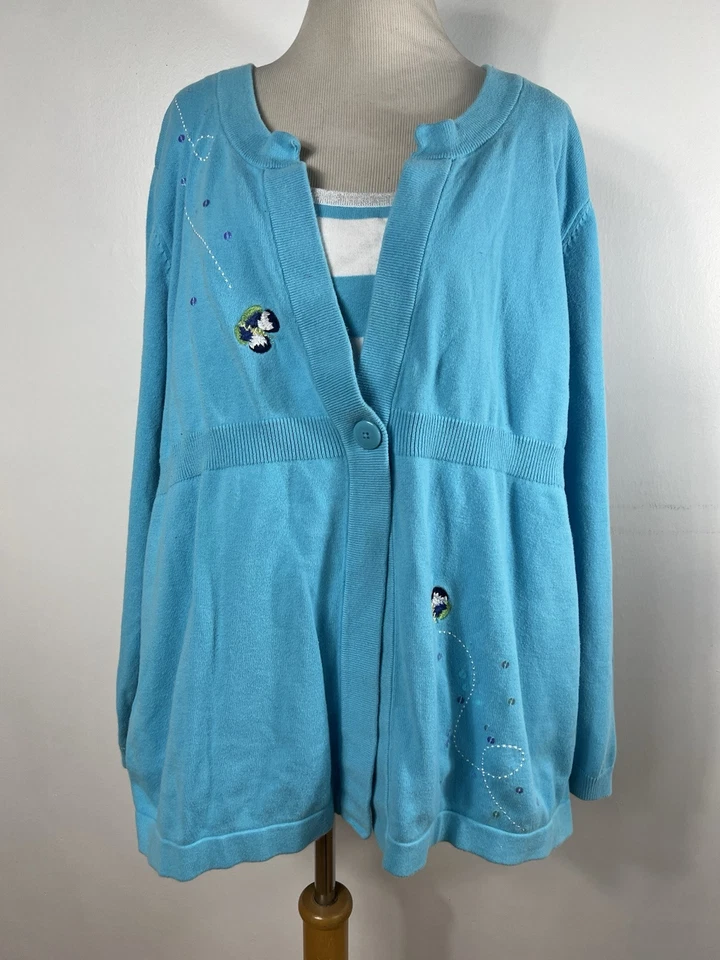 Quacker Factory 2X Sweater Cardigan Aqua Blue Floral Embroidered Spring E3 - Image 4 of 4