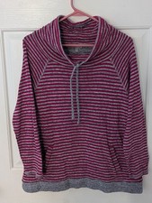 T by Talbots Cowl Neck Cotton Sweatshirt M Pink Gray Stripe Pullover Drawstring