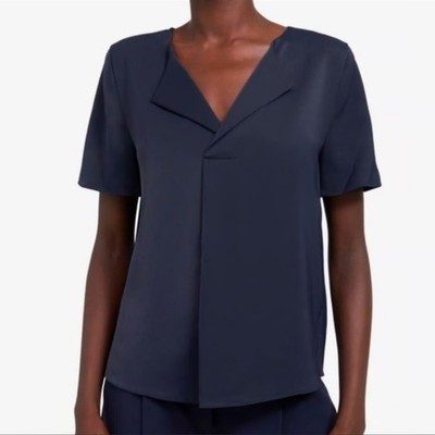 Theory Blouse Womens Small Blue Short Sleeve Fold Over V Neck Matte Twill Top