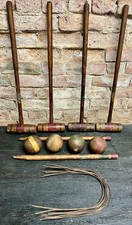 Vintage 4 Player Croquet Mallets Balls Wickets Stakes Primitive Rustic Set