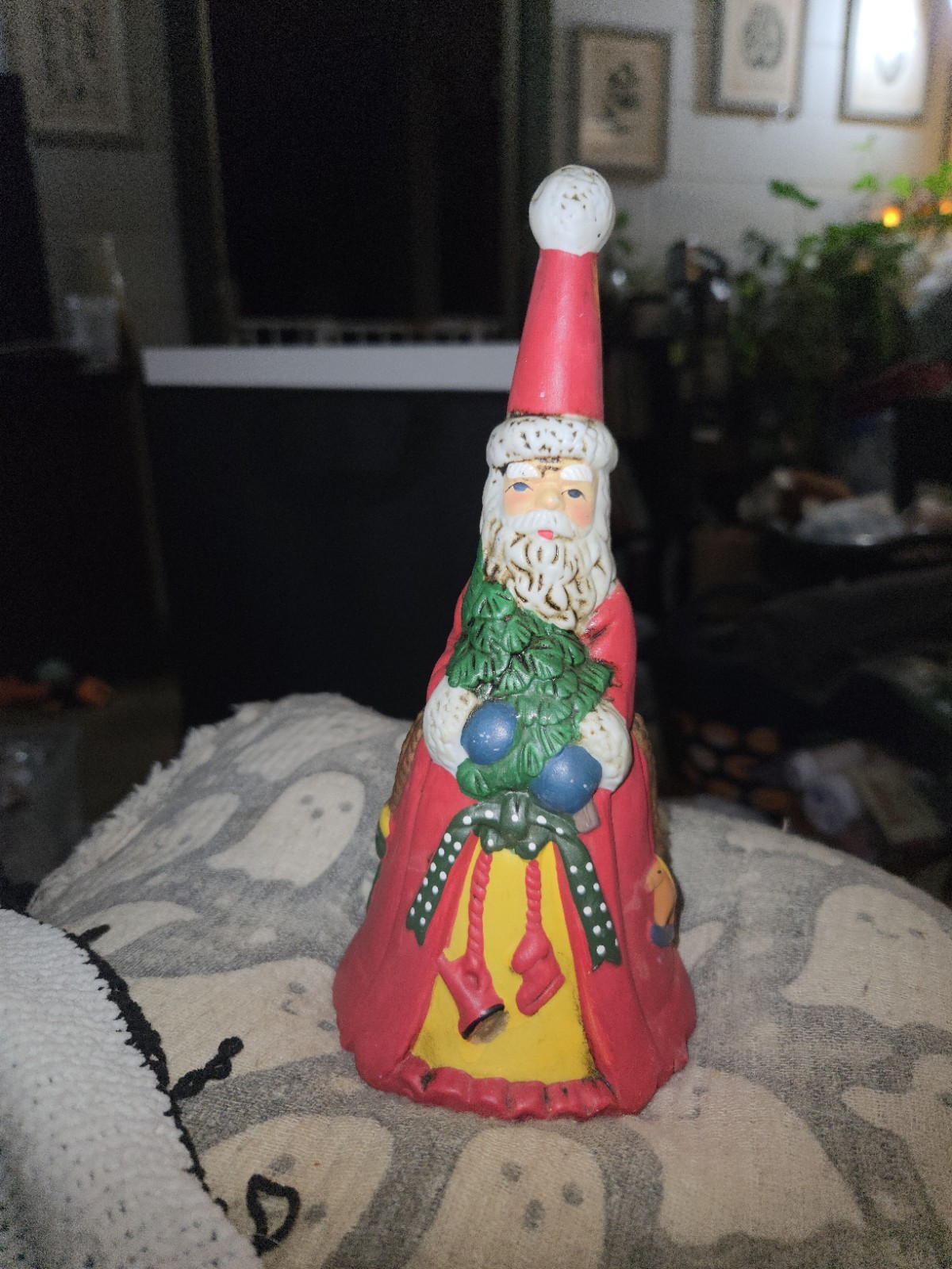Vintage Hand-Painted Glass Santa Bell Christmas Décor with Glass Clapper