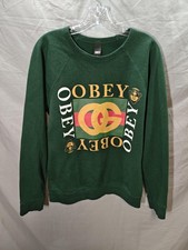 Obey Sweater Mens Medium Green Crewneck Logo Graphic Made In USA Streetwear GG97