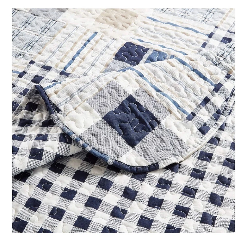 Brillante retazos de cuadros y rayas azul sol, juego de edredón de 3 piezas con 2 Foto 4 de 4