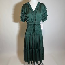 NWD Nanette Lepore Hunter Green Smocked Tiered Midi Dress Ruffle Womens Size 10