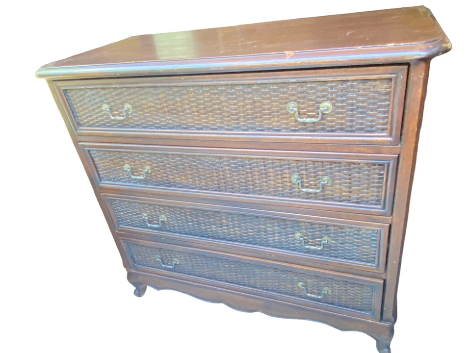 Cómoda Mid Century Vintage Ratán Mimbre 4 Cajones Marrón Oscuro Foto 3 de 4