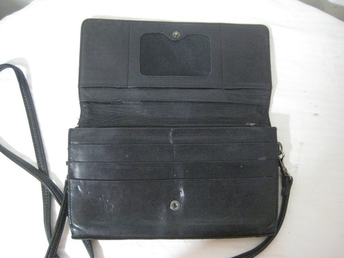 Vintage Perlina New York Black Leather Organizer Crossbody Purse Bag - Imagen 6 de 14
