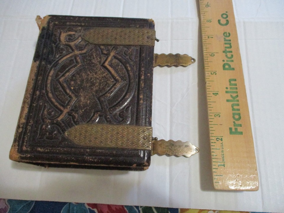 Victorian Leather Photo Album Brass Latch 43 Photos w/some Names 1860s