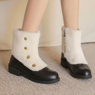 Fashion Fur Trim Ankle Boots Warm Winter Women Snow Boots Low Heel Shoes  Size