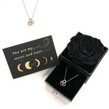 BLACK Preserved Rose In Gift Box With Sterling Silver Necklace - Valentine's Day