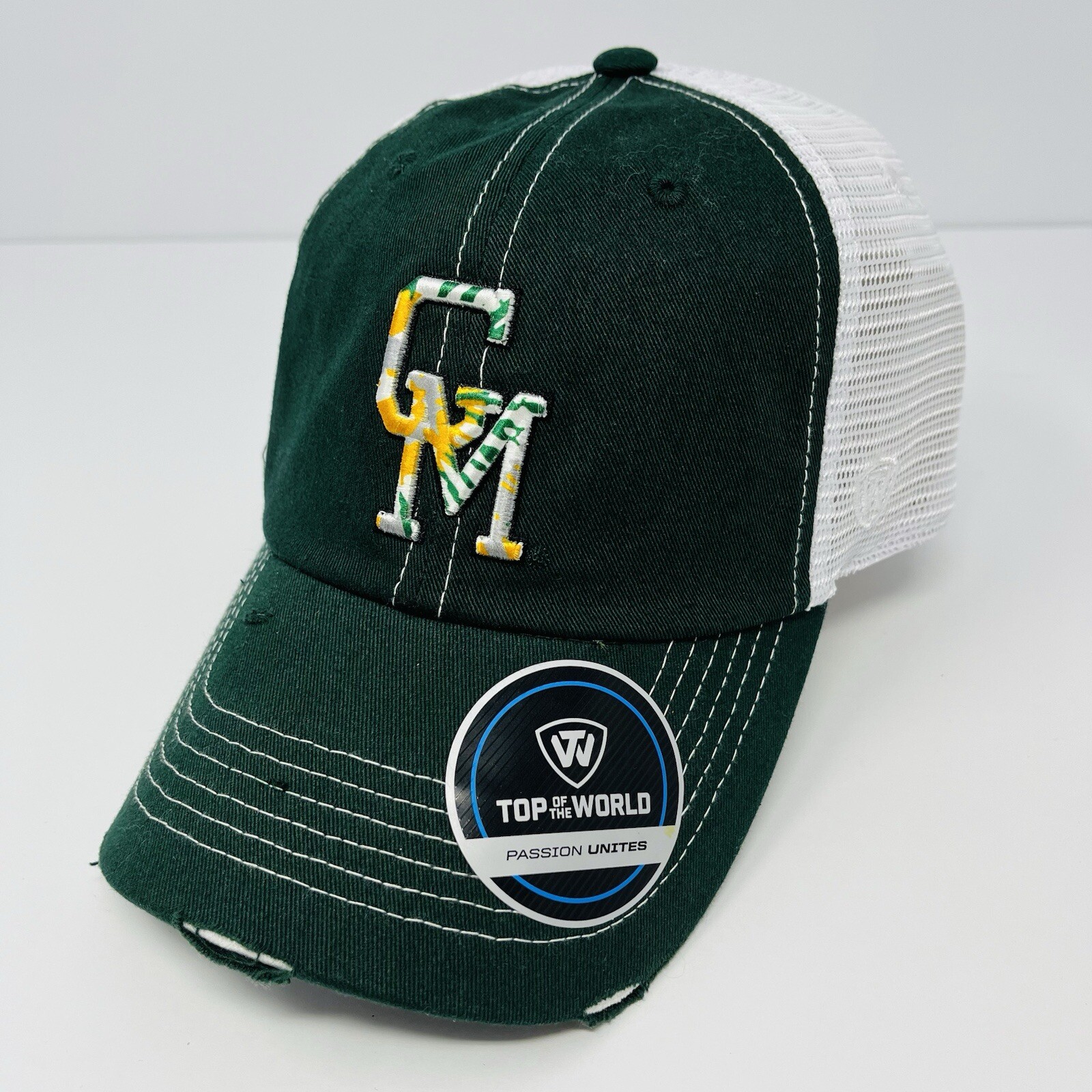 NCAA George Mason GM Patriots Snapback Trucker Mens Hat Cap White Green Distress