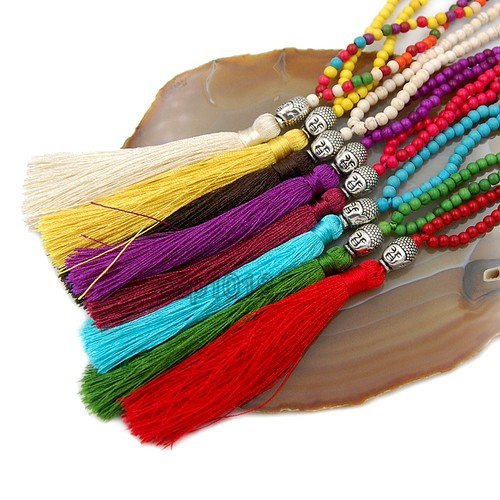 Howlite Turquoise Beads Buddha Head Charm Tassel Necklace - Picture 3 of 19
