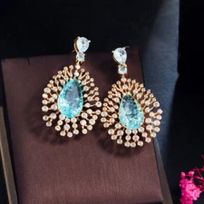 Firework Clear Blue Round Tennis Drop Long Dangle Earrings Genuine CZ Jewellery