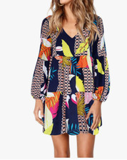 Women's Summer Tunic Dress V-Neck Casual Loose Flowy Geometry Pattern Size XXL ~