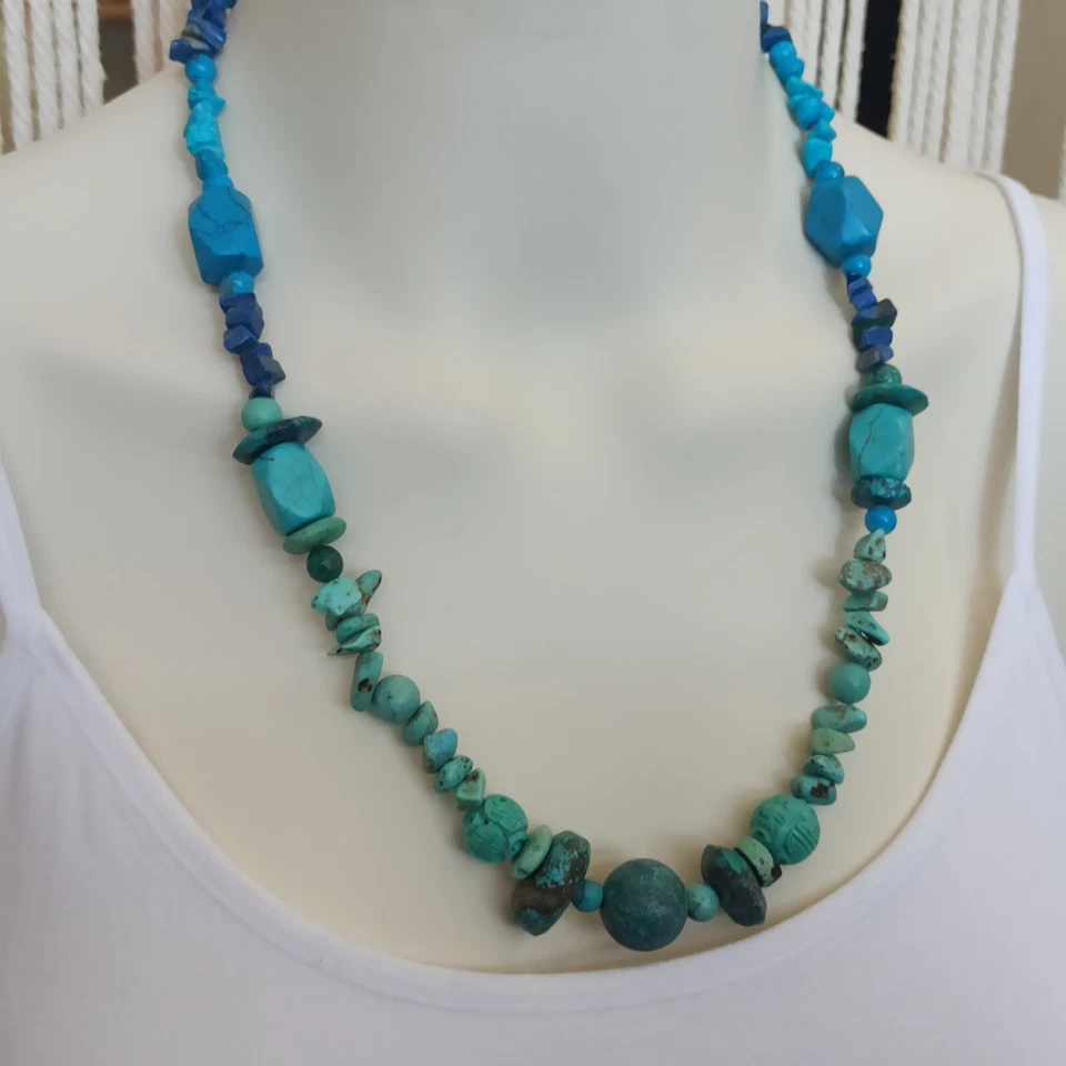 Natural Turquoise Bohemian Necklace Mala Carved Unisex Vintage OOAK Artisan Gift - Изображение 2 из 4