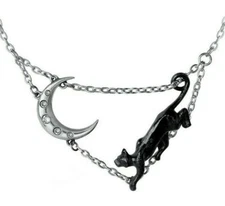 Minnaloushe Yeats Necklace Black Cat Creeping Crescent Moon Alchemy Gothic P879