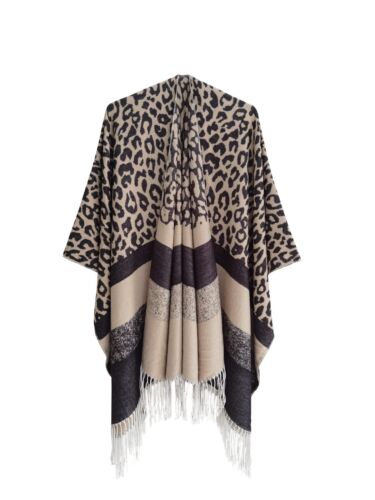 Women s Animal Print Tassel Shawl Wrap Poncho Cape Open Front Cardigan - Picture 1 of 29