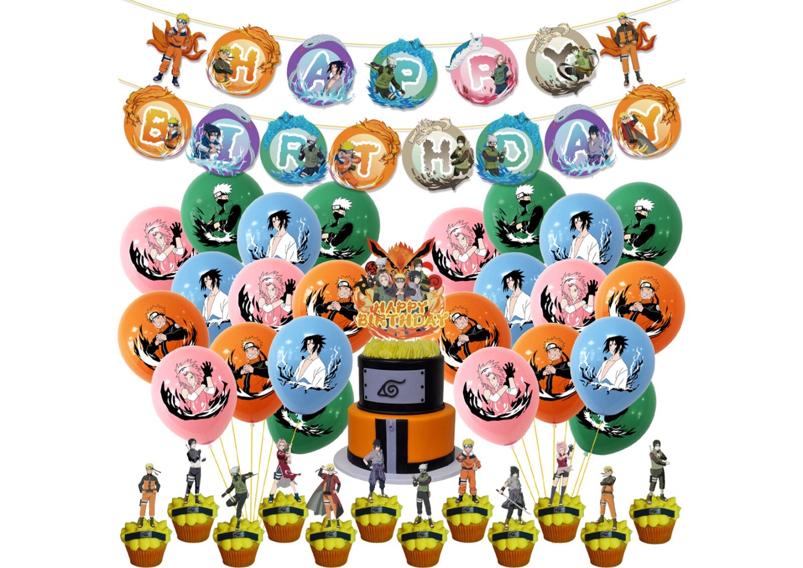 Pancartas de cumpleaños Naruto, globos Naruto, adornos para pasteles Naruto